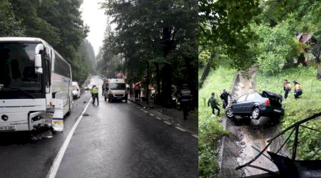 Accident la Sinaia. Un autocar cu turiști francezi a lovit un autoturism
