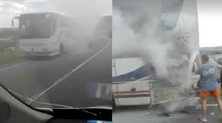 VIDEO. Un autocar a luat foc lângă Cluj Napoca. 45 de persoane se aflau la bord